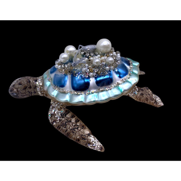 Sea Turtle Christmas Ornament Mercury Glass Jewel Encrusted Beachy Ocean Life 5" - Picture 3 of 11